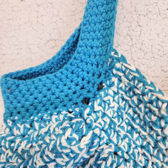 Crochet Market Bag Blue White Floral Detail Two Handle Handmade Boho Hippie - Picture 6 of 10